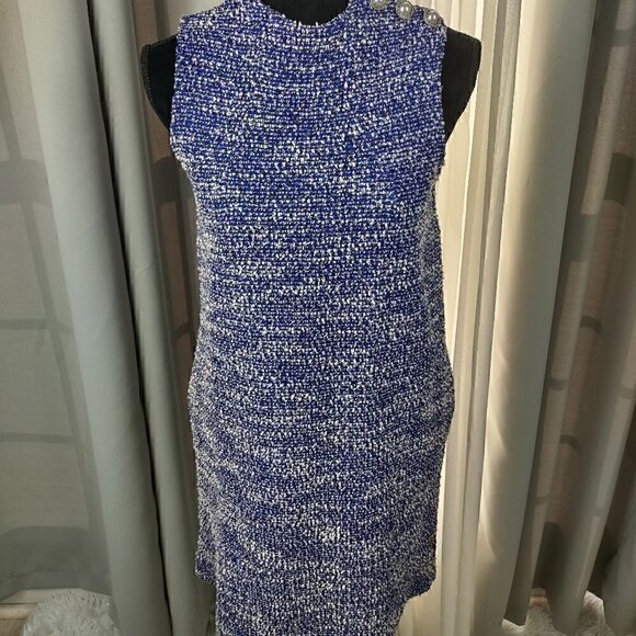 Beige By Eci Shift Dress Periwinkle Blue Pearl Button Side Pockets Size S - Picture 2 of 14